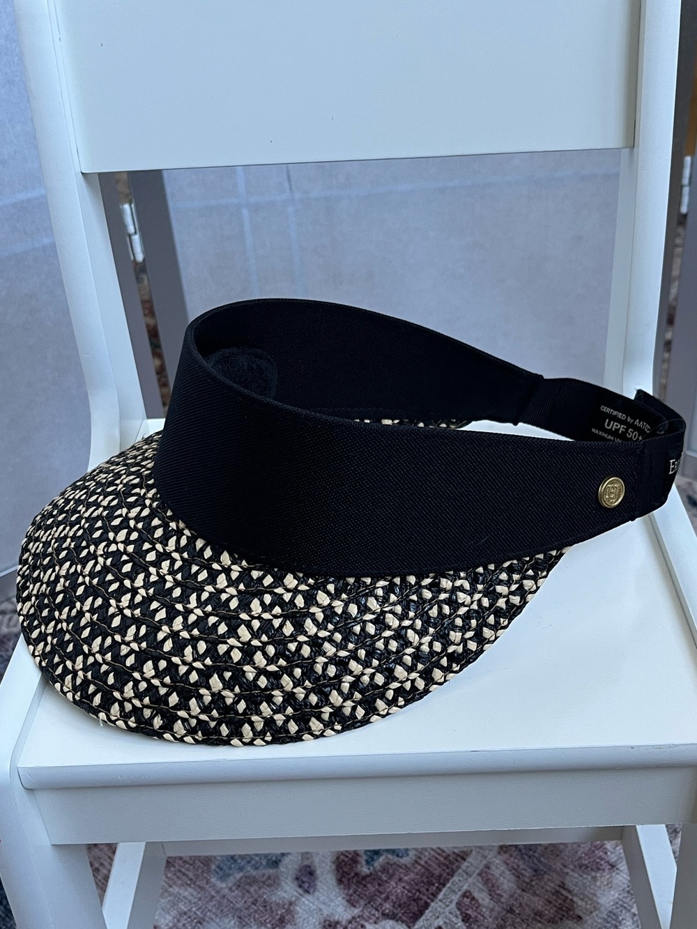 Eric Javits Woven Straw Visor Hat UPF 50+ Black Natural Adjustable - Picture 2 of 6